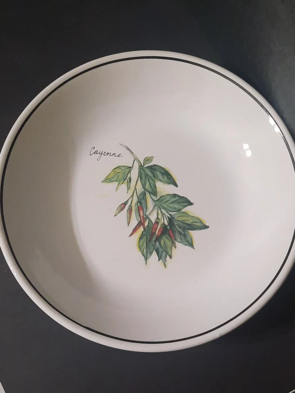 Vintage Williams Sonoma Culinary Herb Cayenne Bowl with White Base and Black Rim